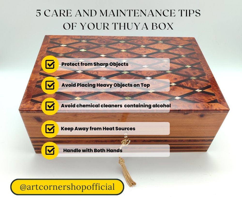 5 care and maintenance Tips of Your Thuya Box !!

#artcornershop #ArtisanalCrafts #HandmadeElegance #UniqueHomeDecor #CraftedWithCare #LuxuryHandmade #TimelessDesigns #ArtisanMade #DecorInspiration…