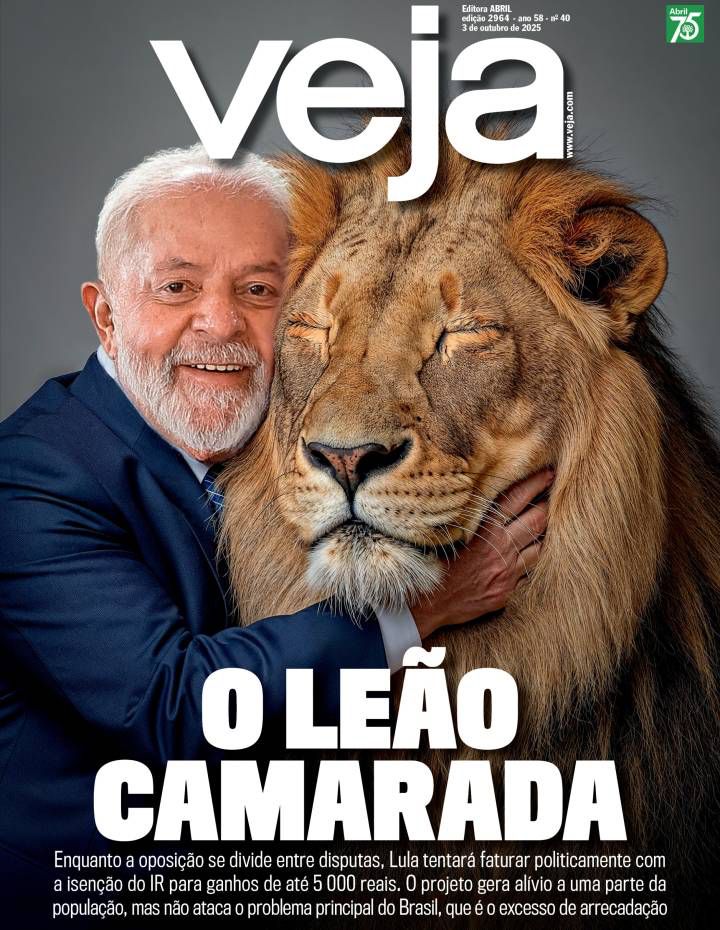 Capa da Veja com Lula abraçando um leão imenso. Chamada de capa: o leão camarada
