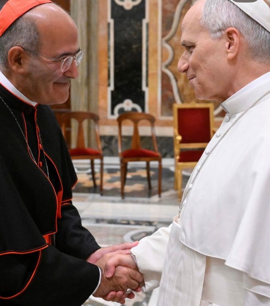 Cardeal Tolentino, prefeito do Dicastério da Cultura, cumprimenta Papa Leão