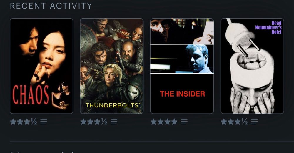 Four film posters with star ratings

Chaos - 3.5 stars - twisty asynchronous thriller by the director of Ringu

Thunderbolts* - 3.5 stars - The MCU tries to reinvent itself as an Indy film franchise

The Insider - 4 stars - Michael Mann's evisceration of corporate America

Dead Mountineer's Hotel - 3.5 stars - murder in an isolated hotel. Maybe. 