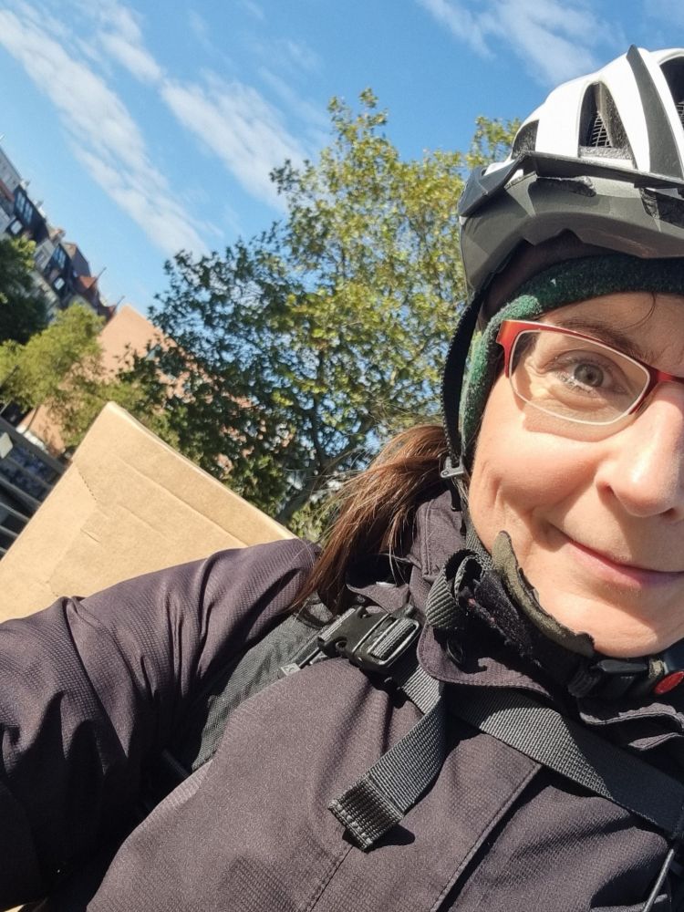 Mein Oberkörper, bekleidet mit einer schwarzer Jacke, schräg im Bild, von links unten nach oben rechts geneigt. Darüber sieht man eine Hälfte meines Gesichtes mit Fahrradhelm auf dem Kopf. Unter dem Helm schaut ein dunkelgrünes Schlauchtuch heraus. Man sieht eine halbe Brille und einen fast vollständigen lächelnden Mund.
Hinter meinem Rücken ragt eine Pappe über die Schultern seitlich heraus, hier leicht schräg nach oben.
Den Hintergrund bilden ein großer Baum, verschiedene Häuser sowie blauer Himmel mit wattigen Wolken