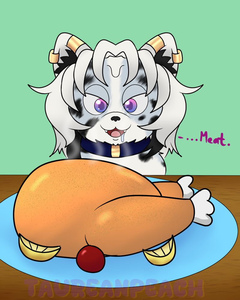 Peachlynn pup staring down at the cooked turkey, still drooling with a deceiving look on her face as she smiles and says "...meat"