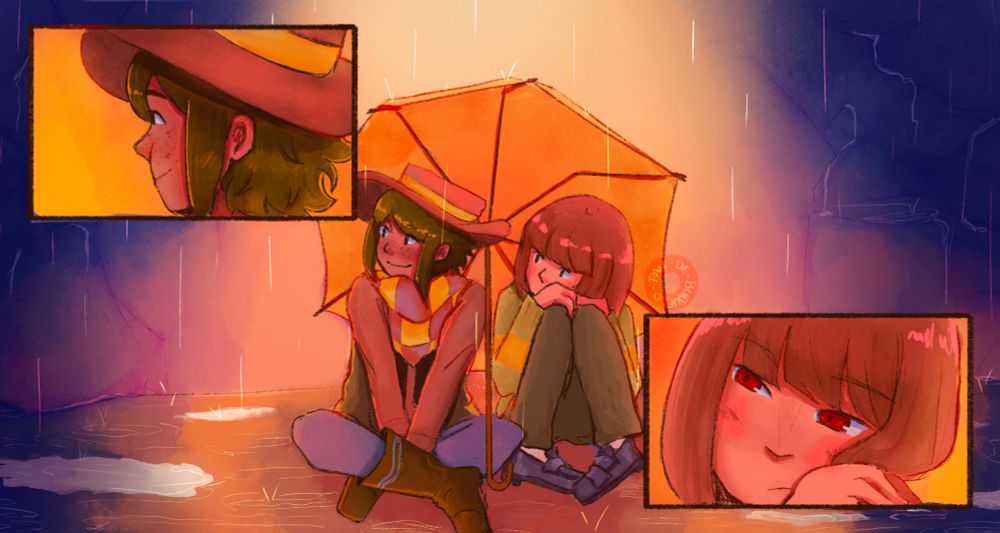 Clover and Chara are sitting under an orange umbrella in Waterfall. They’re both looking to their right, seemingly waiting for someone. Two panels at the upper left and bottom right reveal that Chara is actually looking at Clover. 
