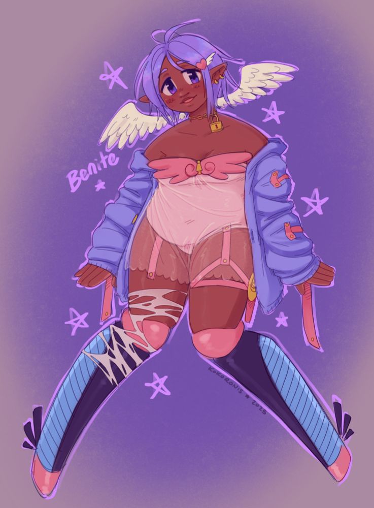 A drawing of a plump, dark-skinned person with prosthetic legs, wearing a dress that resembles a negligee and a cardigan. She has purplish-blue hair and little angelic wings coming out of his neck. The overall color palette is cool pastels.