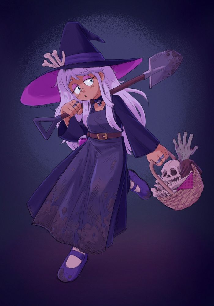 An illustration of a silver-haired witch in dark clothing carrying a shovel and a basket of bones while casually whistling, implying that she was just robbing some graves.