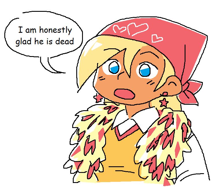 Haruka Chandler, aka Hulku-chan, from Love Stomp saying, with a neutral expression, "I am honestly glad he is dead"