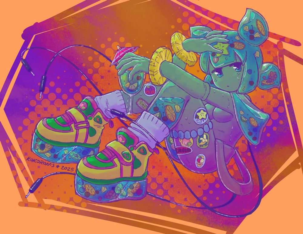 An illustration of an android-like translucent girl colored in a gradient of green to purple. Portions of her body are hollow cavities filled with fruit punch. She wears a pair of colorful platform sneakers which also have fruit punch in the platform soles. Sections of her legs are decorated with fruit stickers. She’s relaxing in a sitting position and gently holding a glass of fruit punch in one hand. The background features warm sunset tones in abstract patterns.