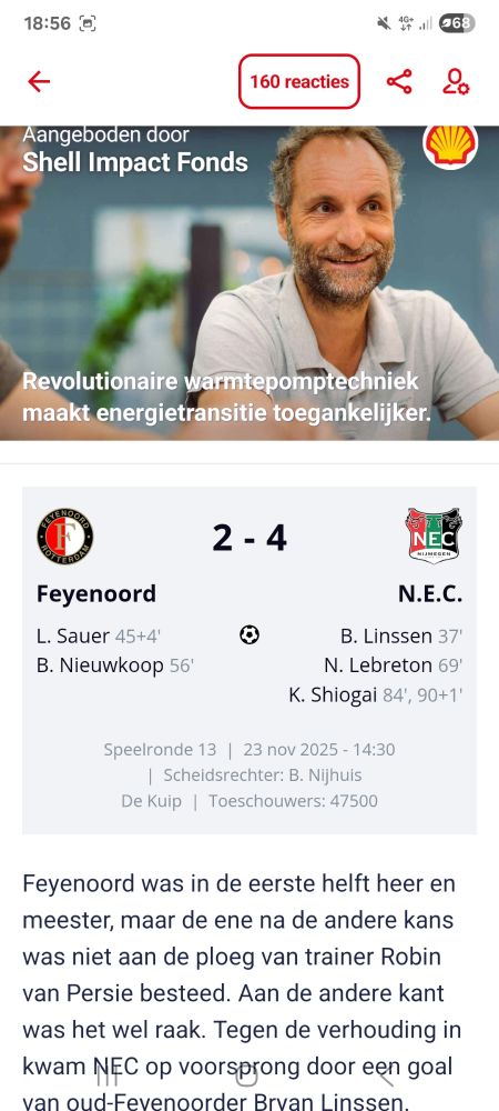 Afbeelding van de uitslag van Feyenoord tegen NEC waar wel alle namen van degene die scoorden bij staan