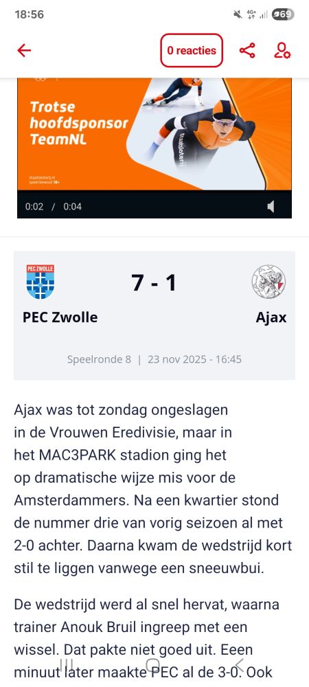 Plaatje van een wedstrijd tussen Pec Zwolle en Ajax, die PEC met 7-1 won zonder de namen van degene die de doelpunten maakte
