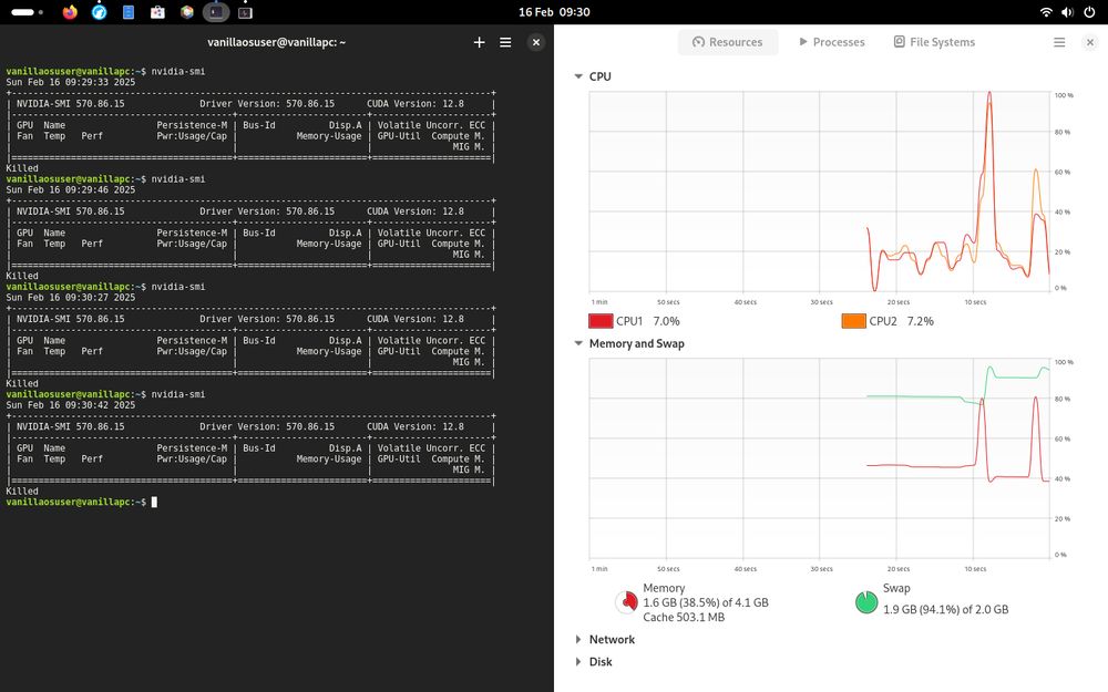 a system monitor, showing high, rapid spikes in memory and CPU usage, and a terminal with several attempts of running "nvidia-smi" visible. It says "killed" every time.
