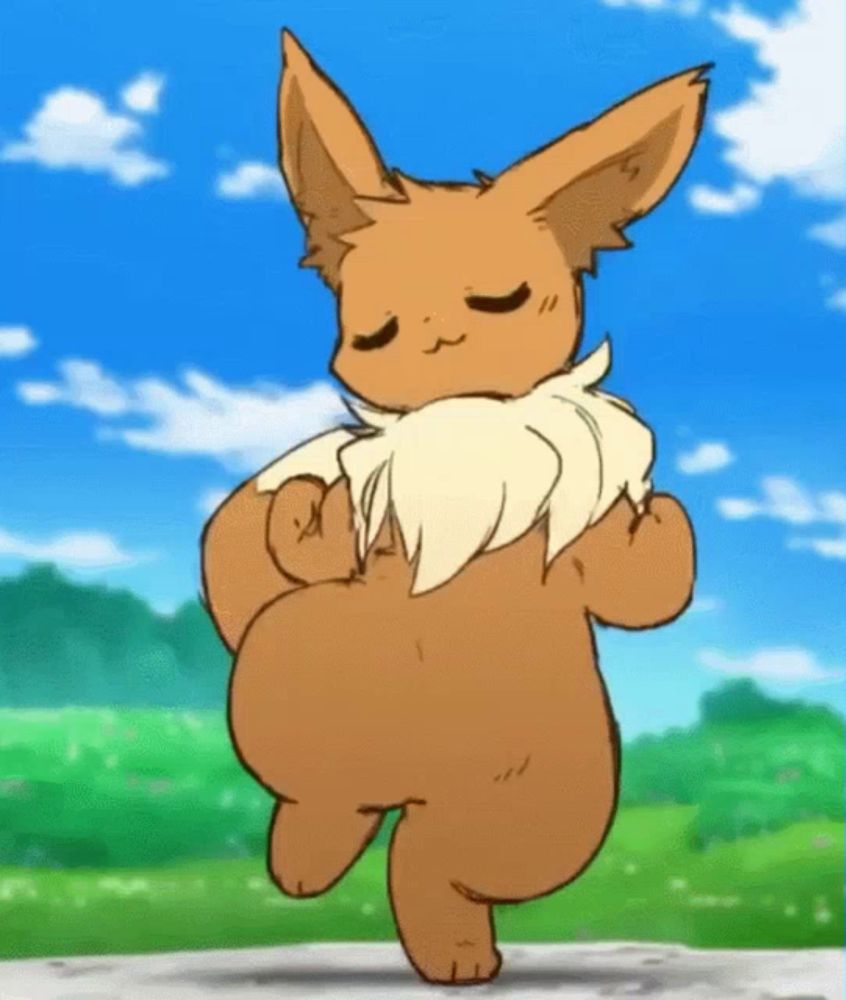 a cartoon eevee with its eyes closed is running in a field