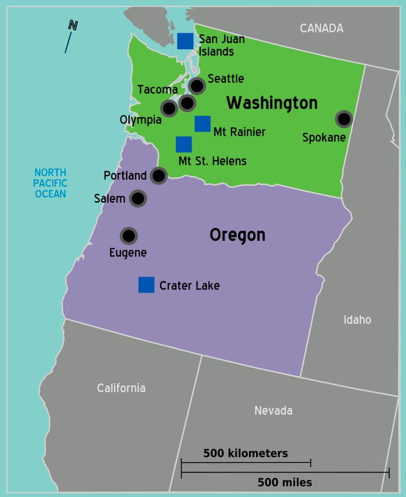 zoomed in map of the u.s. focused on oregon and washington, with their major cities and landmarks called out