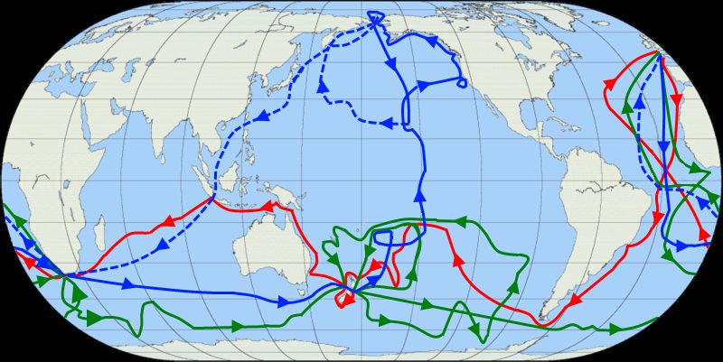 Mapa con las tres rutas de los viajes de James Cook: rojo (1.º), verde (2.º), azul (3.º).