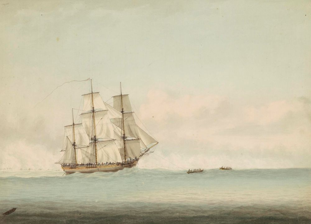 Grabado del HMS Endeavour, barco de la primera expedición (1768–1771) 