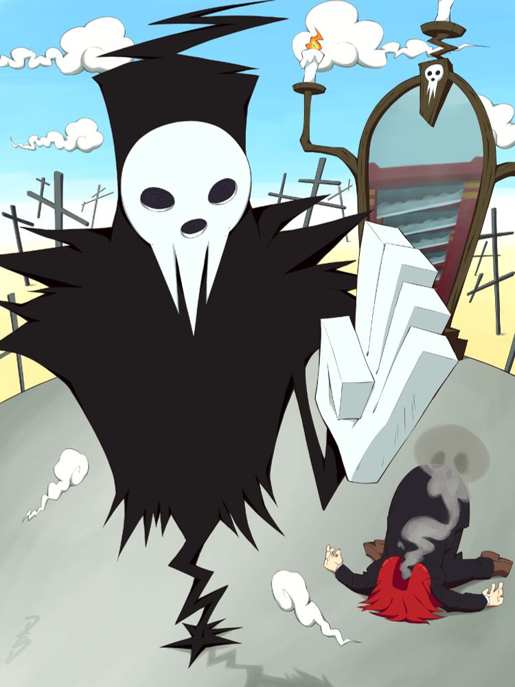 Fantart of Shinigami-sama from Soul Eater, he is standing in front of his mirror after hiting Spirit Albarn with a shinigami-chop.