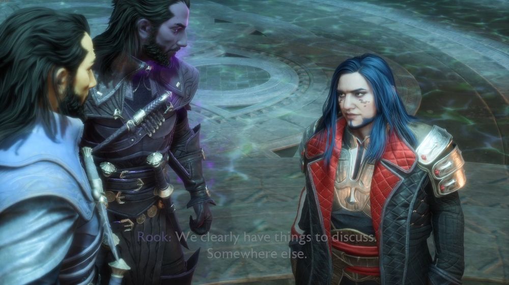 Screenshot of Dragon Age: The Veilguard of Nels, a blue haired dwarf who is "smiling" very subtly here at Lucanis and Spite