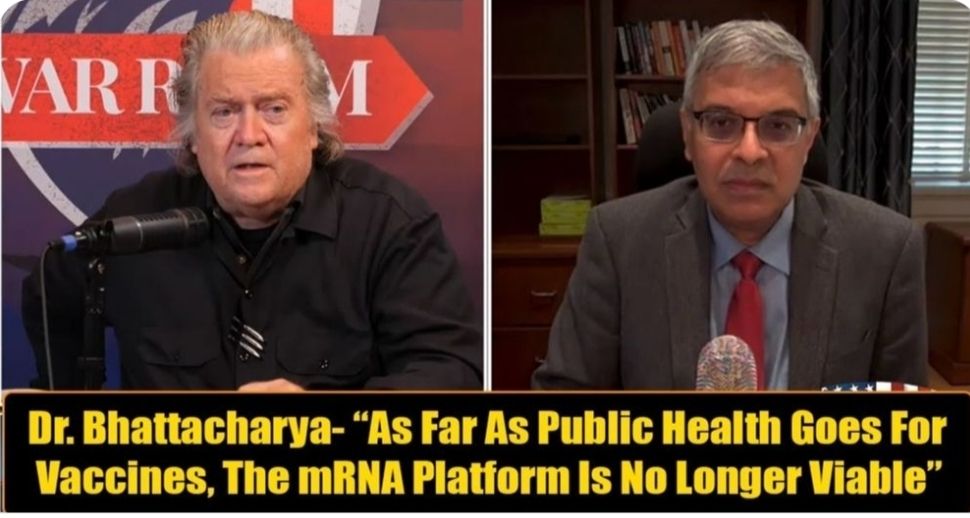 NIH Director Jay Bhattacharya on Steve Bannon podcast trashing mRNA Vaccines. Released Saturday, day after CDC shooting.
