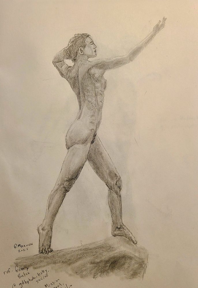 This graphite drawing was inspired by an amazing photo by @gdbphoto.bsky.social of Keira in Mission Beach Australia 
