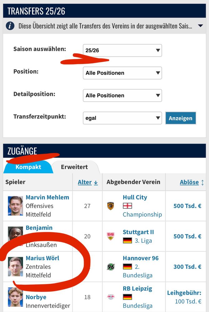Screenshot Transfermarkt.de: Neuzugänge von #Arminia Bielefeld, darunter auch Marius Wörl
