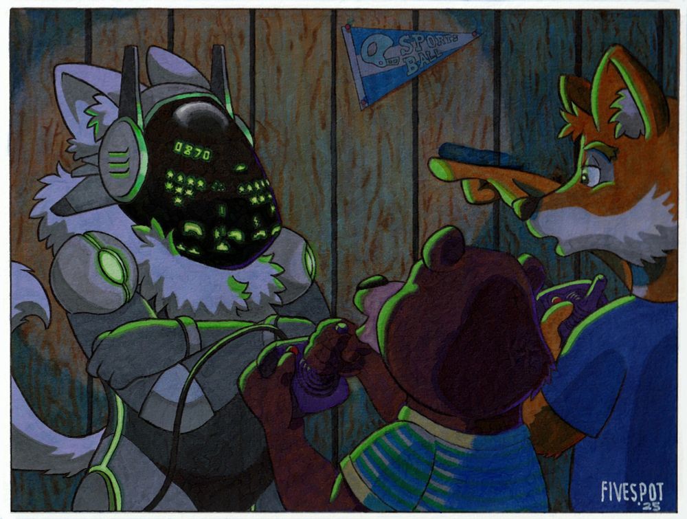 A young bear and fox play Space Invaders on a protogen's visor.