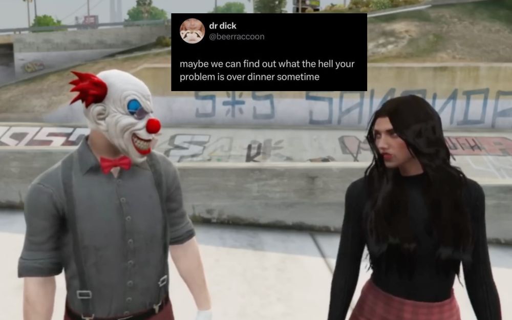 text post that says "maybe we can find out what the hell your problem is over dinner sometime" over a picture of chattycups side-eyeing each other hard by the poo water