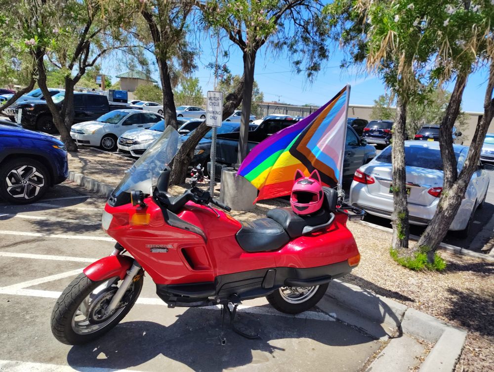 Red Honda Pacific Coast motorcycle with luggage rack and flagpole mounted to the rack with price progress flag in parking lot on sunny day with blue skies 