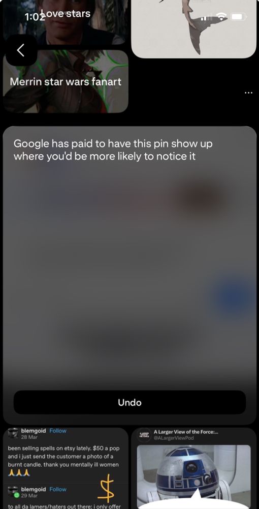A screenshot of Pinterest, where an ad was hidden. The text where the ad was says “Google has paid to have this pin show up where you’d be more likely to notice it”