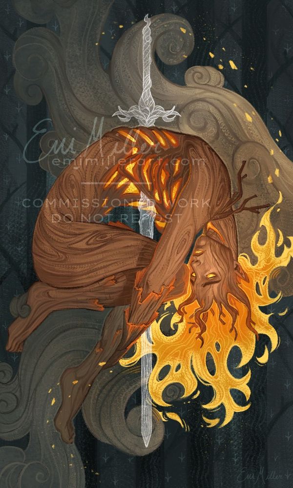 An androgynous figure made of wood and flames curls in on themselves. Flaming hair erupts from a crown of branches. A ghostly sword slices through their abdomen as ashy smoke swirls behind them. Beyond the smoke, a haunting dark forest lurks.