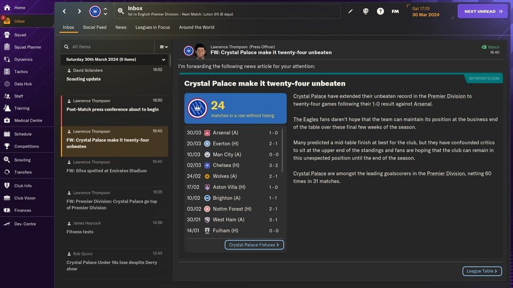 FM24 email notification which shows my 24-game unbeaten run with Palace