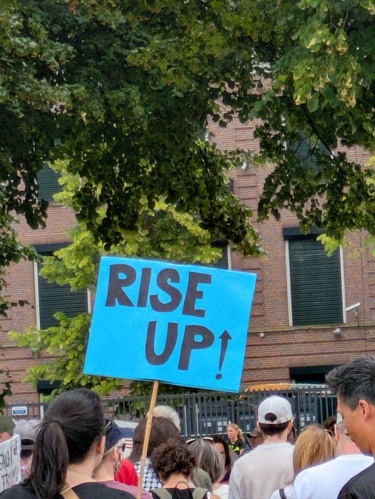 Blue sign with black lettering reading "Rise up!"