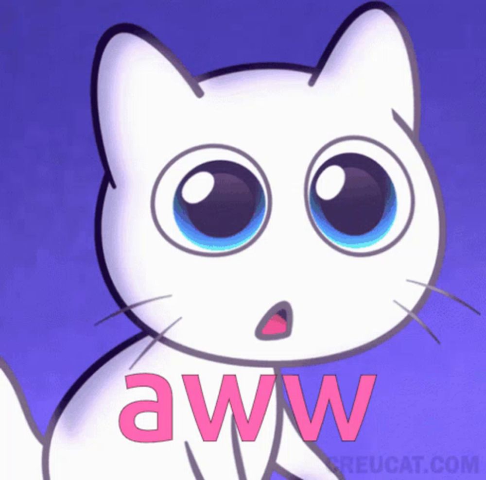 a cartoon cat with a surprised look on its face and the word aww written in pink