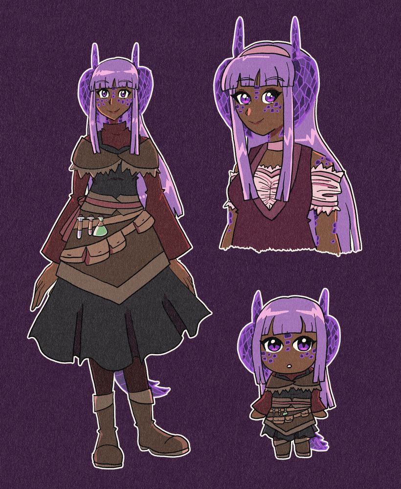 Lilac, a dark skinned draconic woman with amethyst scales and horns. She has purple hair and purple eyes.