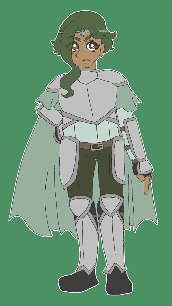 Ser Percille Sparacello, a green haired knight with brown eyes, also dressed in green. His armor is silver. He has freckles.