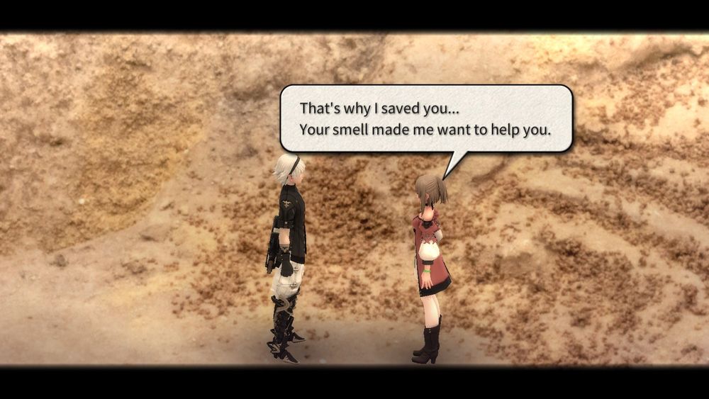 Leo and Kina talking to each other. 
Kina: "That's why I saved you..."
Kina: "Your smell made me want to help you."