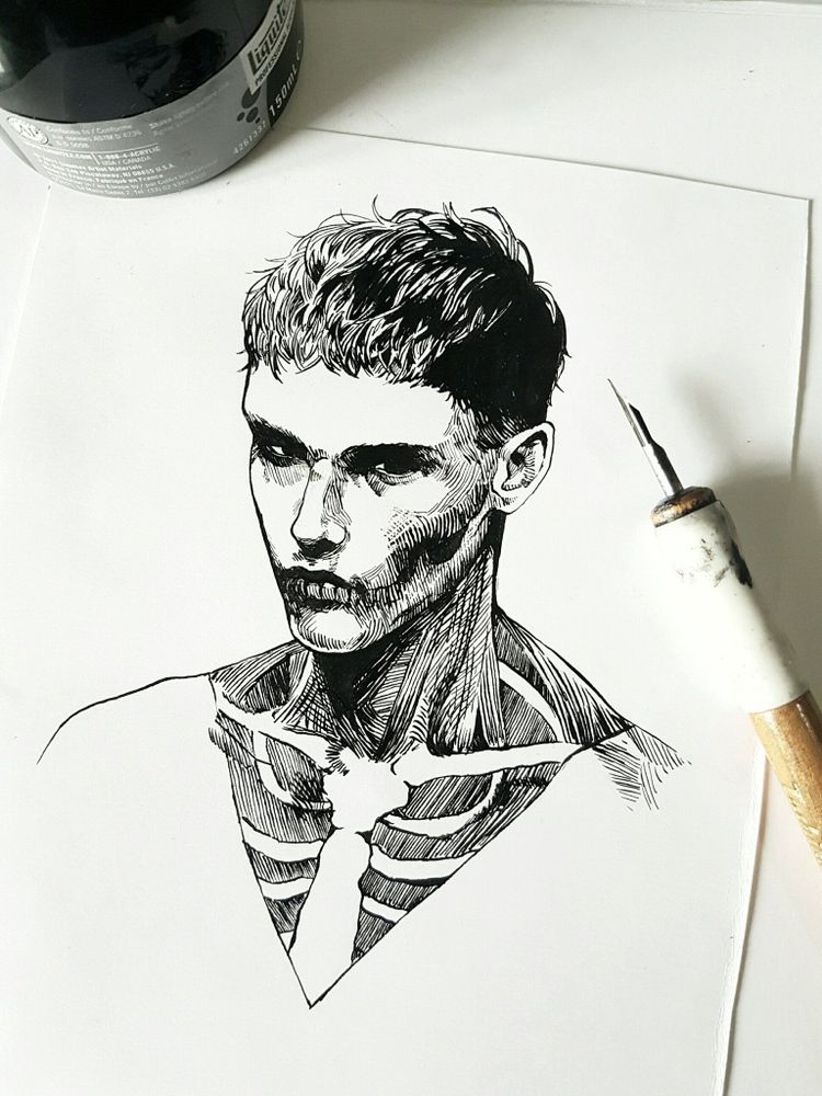ink illustration of a guy with skeleton tattoo on his jaw and neck