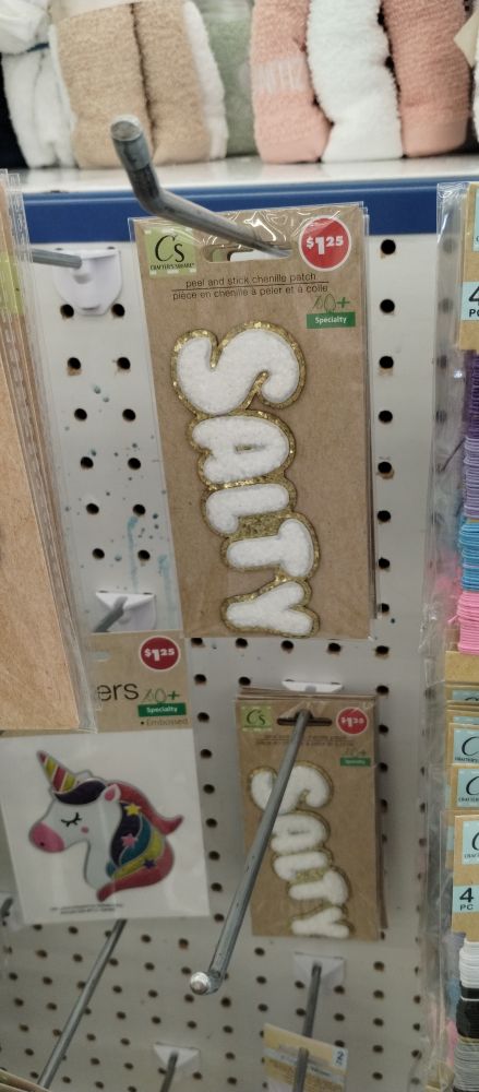 A picture of a patch reading "salty" at the dollar store
