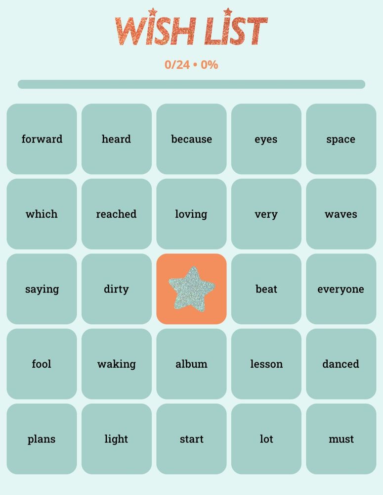 Swift Alert bingo card. The card is a 5x5, mint coloured grid with a free space in the middle. The words on the card are as follows: forward, heard, because, eyes, space, which, reached, loving, very, waves, saying, dirty, beat, everyone, fool, waking, album, lesson, danced, plans, light, start, lot, must.
