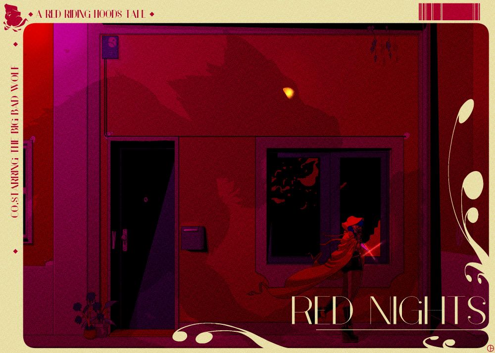 Red Riding Hood, walking in an old street at night, knife in her hand and cocky smile on her lips, as the shadow of the Big Bad Wolf looms over her