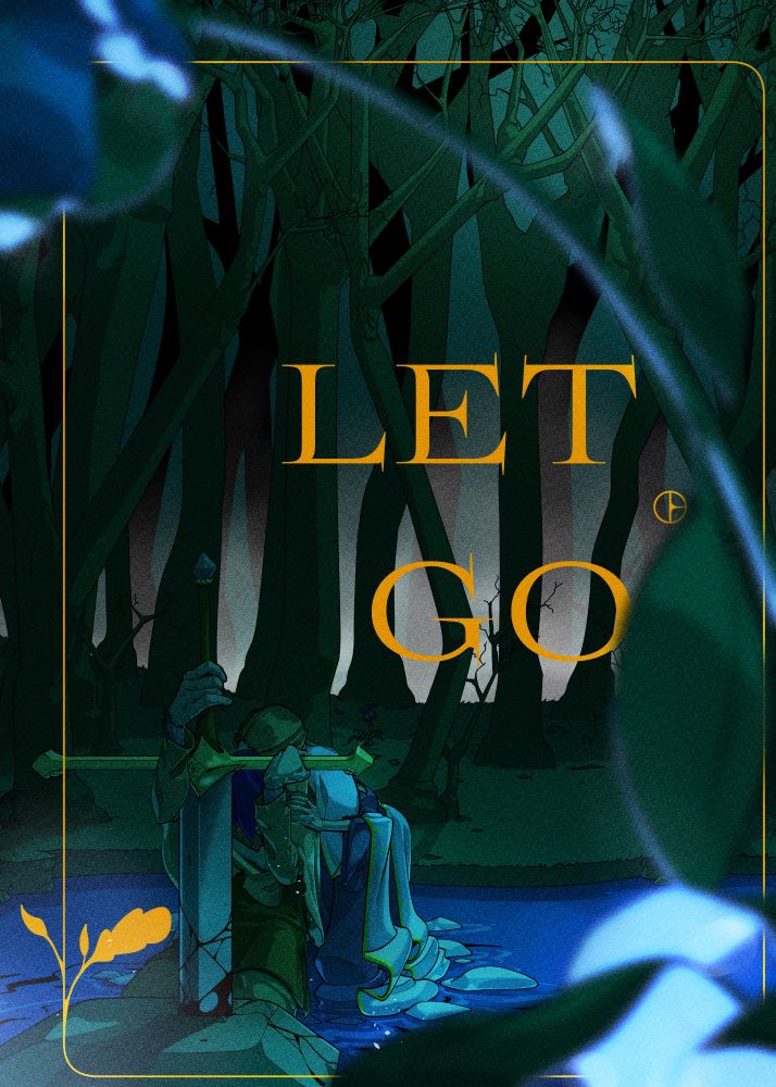 A woman embraces a man from the back, as he kneels on a lake, his hands holding on to a great sword, bloody and shiny, trying to pull it out of the stone, or, perhaps, to put it back.