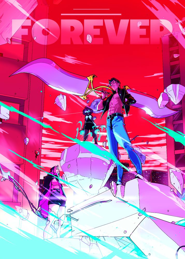 Three warriors standing atop floating rubble in an urban setting, confident amidst the chaos and ready to fight, forever 