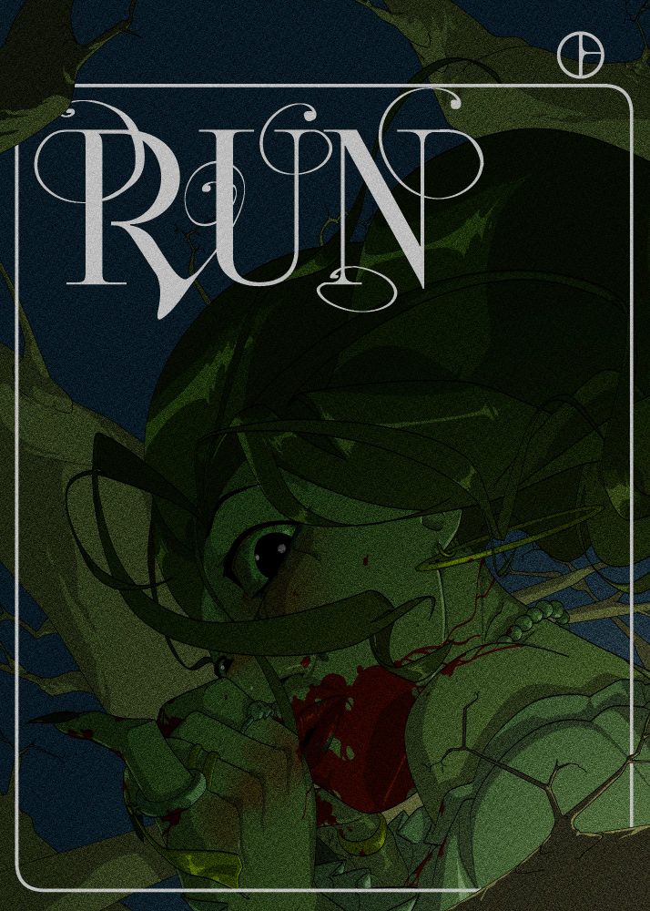 A close up on a woman running through the woods at night, her mouth and hands dripping with blood 