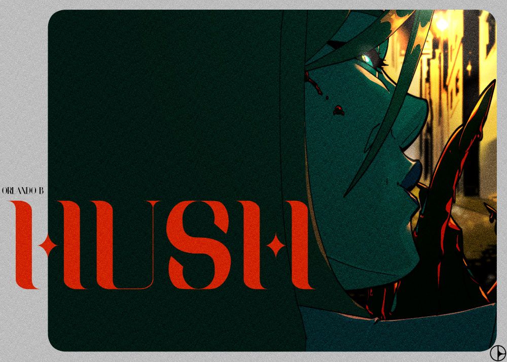 A woman walking up an old street, looking over her shoulder at you and shushing you with a hand drenched in blood 