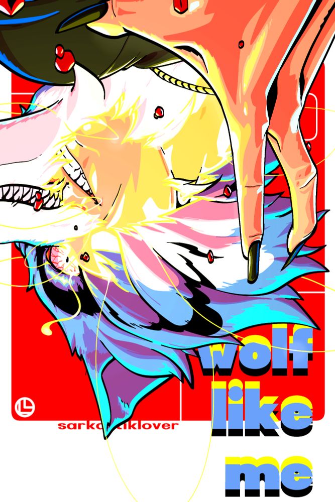 An upside down portrait of a man falling down, as he transforms into a werewolf and a hand reaches out to him while time appears to stand still 