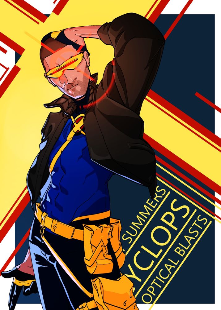 Cyclops, of the X-Men, posing for the camera, wearing a brown bomber jacket and a costume designed by me. 