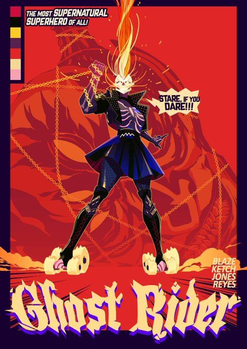 Roller Derby Ghost Rider by Yoann D'orlandi of a fem presening person with flaming skull a firey whip chain wrapped around black gloves, a skeletal corrset in a bblack skirt  with blackk thigh highs with tight black roller skate boots with the back wheels bigger then the first set of wheels with the text in all caps Stare if you dare!!!