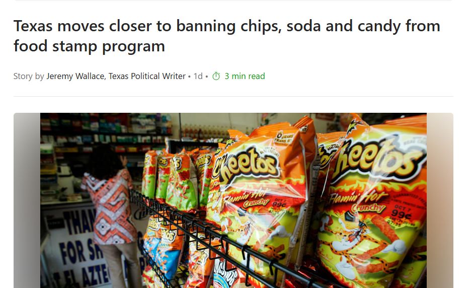 Texas moves closer to banning chips, soda and candy from food stamp program...