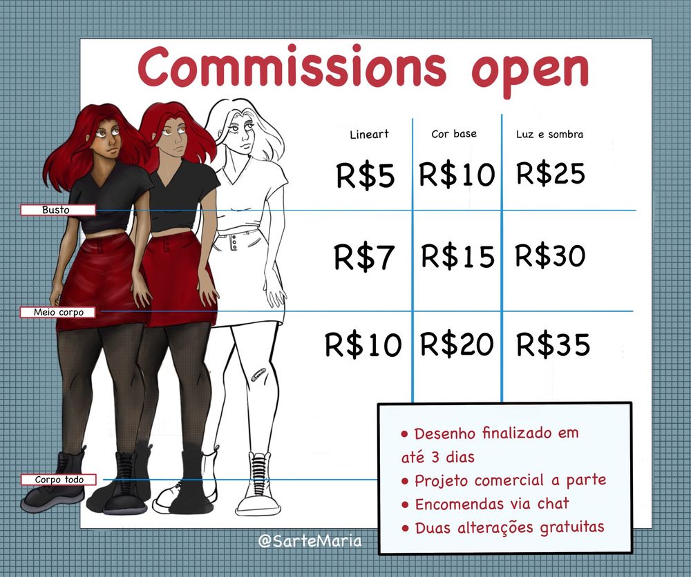 Imagem descrevendo os preços para encomendas de ilustrações. Sendos estas informações:

Apenas lineart
Busto: R$5,00; 
Meio corpo: R$7,00; e 
Corpo todo: R$10,00

Apenas cor base
Busto: R$10,00; 
Meio corpo: R$15,00; e 
Corpo todo: R$20,00

Finalizado com luz e sombra 
Busto: R$25,00
Meio corpo: R$30,00
Corpo todo: R$35,00

Além disso, a imagem também conta com as seguintes observações: 
•Desenho finalizado em até 3 dias 
•Preço de projetos comerciais negociados a parte
•Encomendas via chat 
•Duas alterações gratuitas 