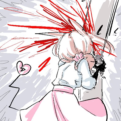 A sketch of a brunette woman with long rabbit/jerboa like ears and a long thin tail with a heart at the end. The woman is wearing a pink skirt with a white blouse that has puffy sleeves. She is grabbing a pole with sketchy clawlike hands and smashing her head into it with blood spraying everywhere, but in a very cartoony fashion. 