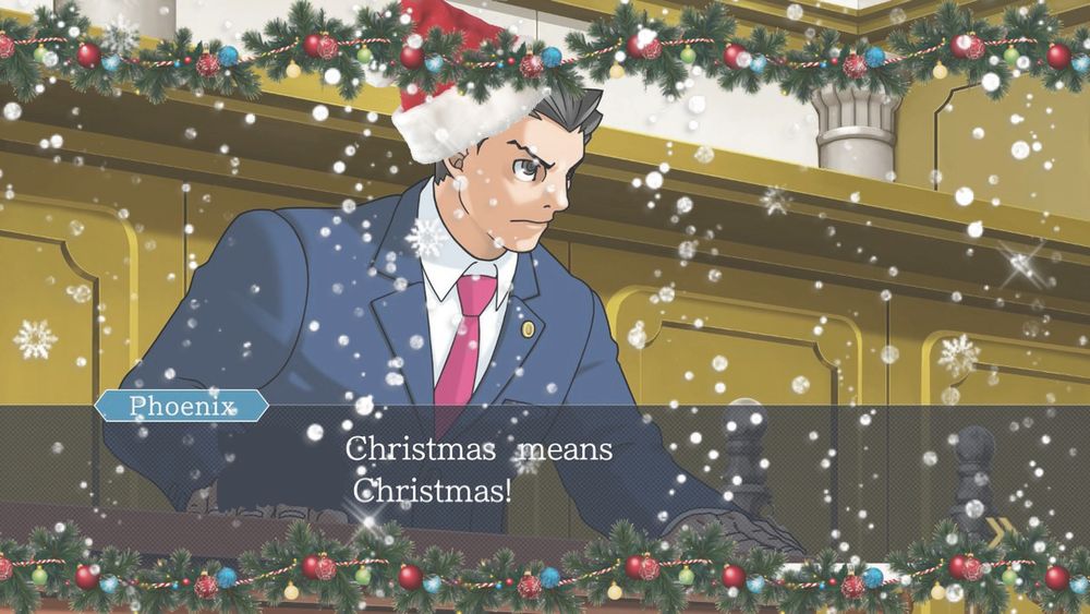An edit of Phoenix Wright. The dialogue box has some words erased so it reads "Christmas means Christmas!" There's also a tinsel border around the image, Phoenix is wearing a santa hat, the image is desaturated, and there's a snowflake overlay.  