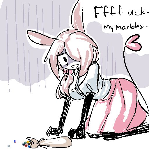 The same woman from the previous image is sitting on the floor staring at a spilled bag of marbles. She is saying "Fffuck.. My marbles..." with a distressed expression on her face. 